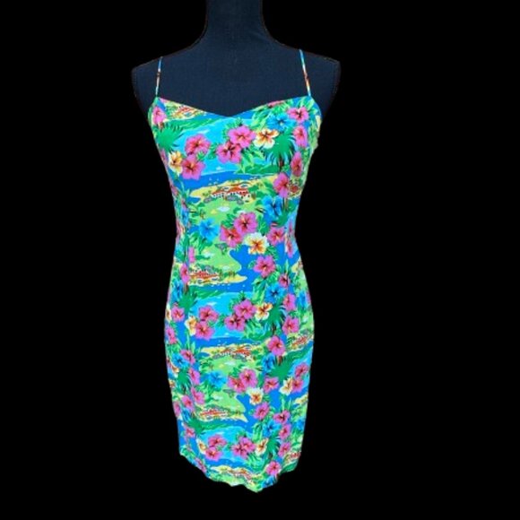 Vintage 90s Paris Blues Mini Dress Hawaiian Print Small - Picture 1 of 12